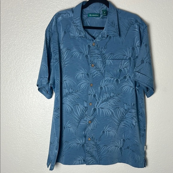 Blue Leaf Print Button-Up Shirt - Picture 2 of 14